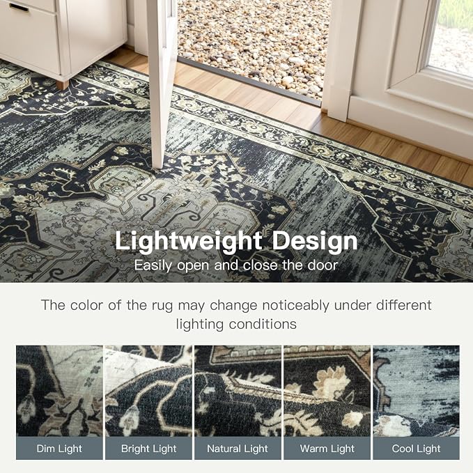 Lofus 5x7 Washable Rugs Non-Slip, Vintage Floral Area Rug for Living Room Bedroom Dining Room Kitchen, Low Pile Distress Print Medallion Carpet Home Decor Rug, Black Beige