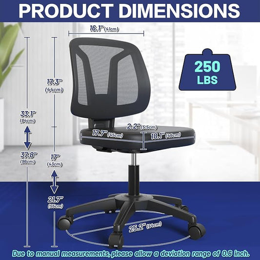 Armless Office Desk Chair No Arms with Back Support Rolling Wheels for Home Study Work