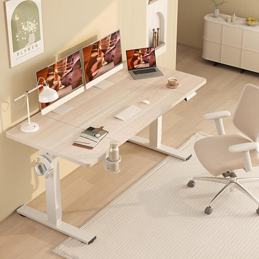 Standing Desk,Large 63x31 Inches Height Adjustable Stand Up Desks with Cable Management, Home Office Computer Desk with Cup Holder & Memory Preset, White Wood Grain