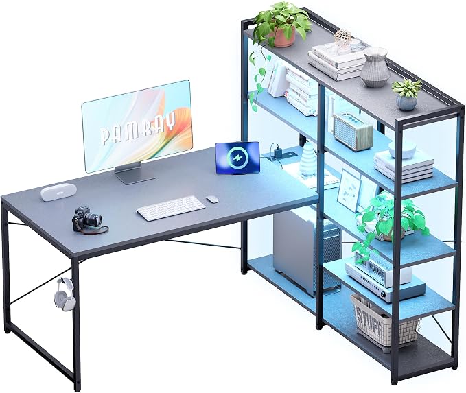 Pamray L Shaped Computer Desk with Reversible Side Storage Shelves, 49 Inch Gaming Desk with Power Outlets and Led Lights, PC Table for Home Office and Bedroom Grey