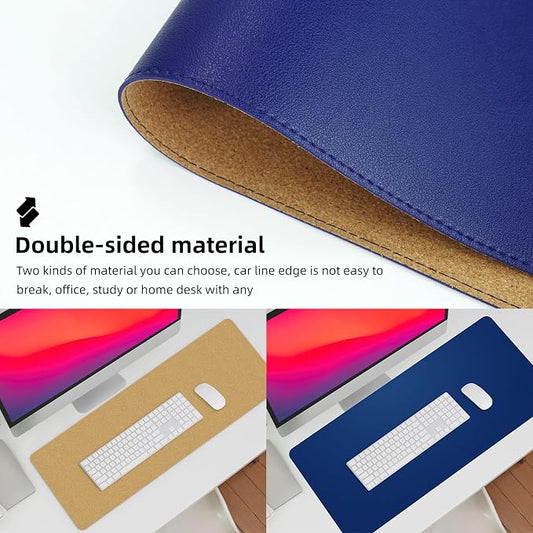 AFIING Leather Desk Pad Protector, Large Desk Mat with Natural Cork & PU Leather, Mouse Pad, Non-Slip, Waterproof Desk Writing Pad for Office and Home, Sapphire Blue