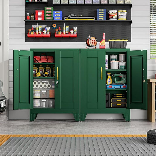 36" Metal Garage Storage Cabinet with Lock,Lockable Office File Cabinet with 2 Doors and 2 Adjustable Shelves,Outdoor Steel Locker Organizer for Home Office,Gym,School,Warehouse(Green)