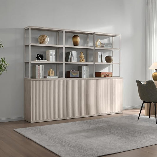 SICOTAS Book Shelf Fluted Bookshelf Cabinet - 75" Tall Bookcase 6 Tier Large Bookshelves with Door Storage Modern Triple Wide Book Shelves Case for Living Room Office Library, Metal Frame, White Alder