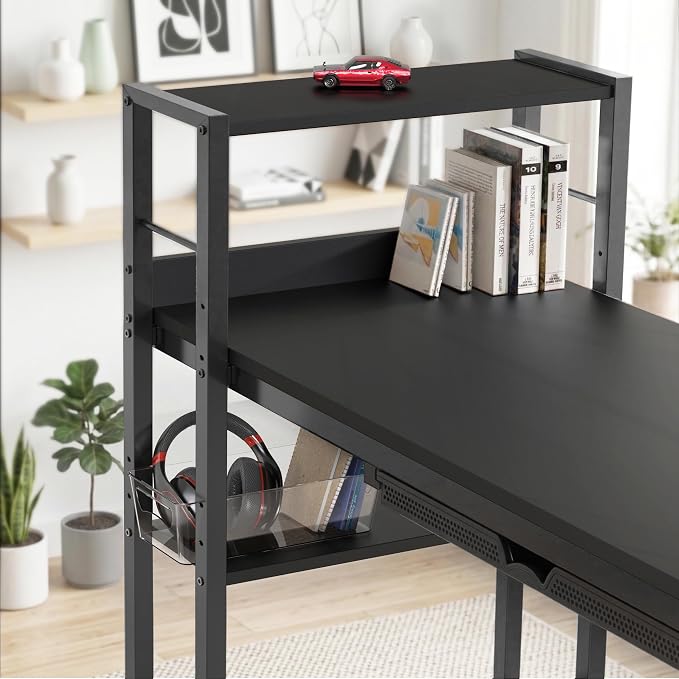 SHW 46-Inch Home Office Mission Computer Desk with Side Shelf and Drawer, Black
