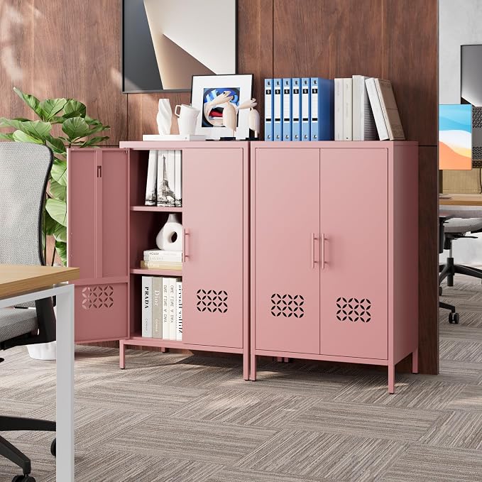 42" H Pink Metal Cabinet with 2 Adjustable Shelves, Metal Coffee Bar & Buffet Sideboard Cabinet with 2 Doors for Home,Dining Room, Kitchen,Assembly Required