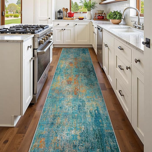 RELEANY Washable Area Rugs 2'x10' Non-Slip Modern Abstract Soft for Living Room Entryway Bedroom Kitchen, Print Pattern, Teal Blue Green Orange Rust Red Coloreful