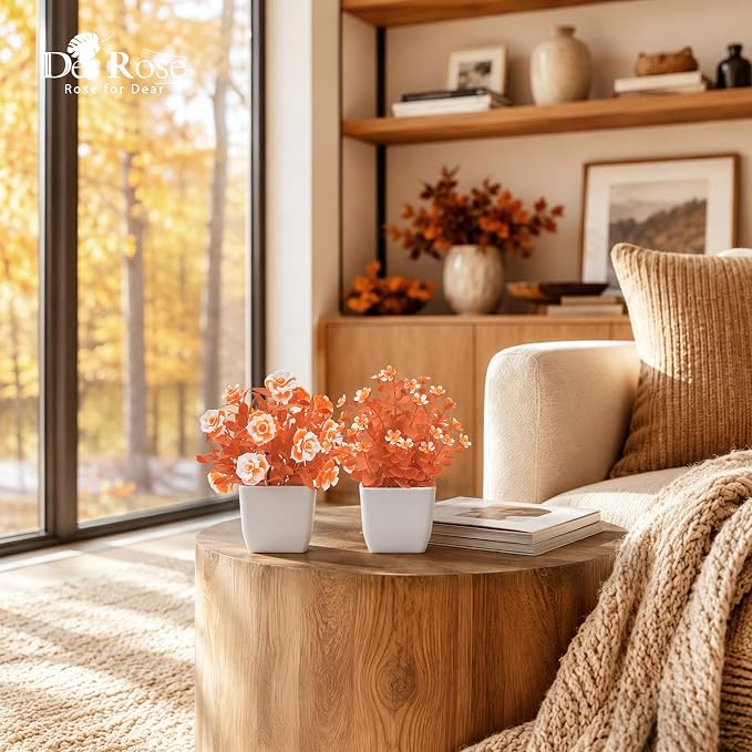 Der Rose 4 Pack Fall Fake Flowers Mums Artificial Plants in Pots Home Decor | Autumn-color potted flowers, warm seasonal faux blooms, for bathroom desk shelf office wedding and fall farmhouse home decor