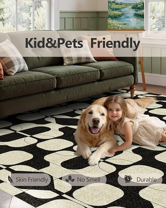 Latte&Fog 8x10 Area Rugs for Living Room, Large Vintage Washable Rug, Boho Non Slip Low Pile Carpet for Indoor Bedroom, Dining Room, Office, Dorm, Classroom, Farmhouse and Kids Room - Black Beige