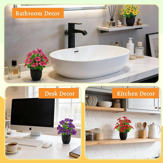 Der Rose 4 Pack Small Fake Plants with Fragrance Discs Spring Faux Flowers in Black Pots Artificial Plants Indoor for Bathroom Room Office Desk Decor