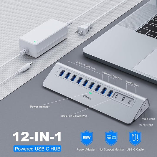 Powered USB Hub 10Gbps, intpw 12 Port USB C Hub with USB C 3.2+2 USB A 3.2, 7 USB 3.0, 2 PD 45W Charging Port, 65W Power Adapter + 3.3FT Cable, Aluminum USB Hub for PC/Laptop/iPhone 17/16/PC