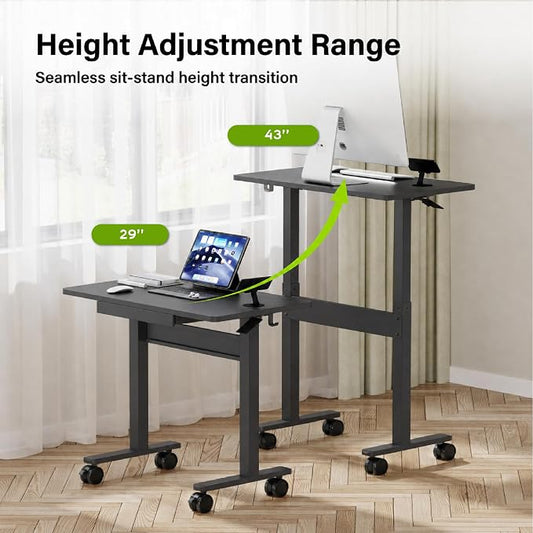Standing Desk for Walking Pad with Wheels, Pneumatic Cordless Height Adjustable Rolling Desk, Mobile Computer Workstation with Drawer Hook Locking Casters for Treadmill & Home Office, Black