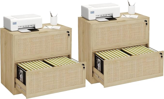 HOPUBUY 2 Drawer File Cabinet with Lock Set of 2, Printer Stand Lateral Filing Cabinets for Home Office and School, Wood Rattan File Cabinet for Hanging Files/Letter/Legal/A4/F4 Size, Natural Wood