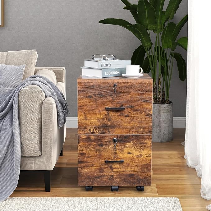 VINGLI 2-Drawer Small Rolling File Cabinet with Lock, Wood Filing Cabinet for Hanging Letter Size Filings with Tabs, Mobile Under Desk File Cabinets for Home Office, Rustic Brown, 27.2" H