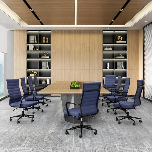 Okeysen Blue Leather Office Desk Chair, Conference Room Chairs Executive Chair Ribbed, Ergonomic Height Adjustable Swivel Rolling Chair for Home Office.