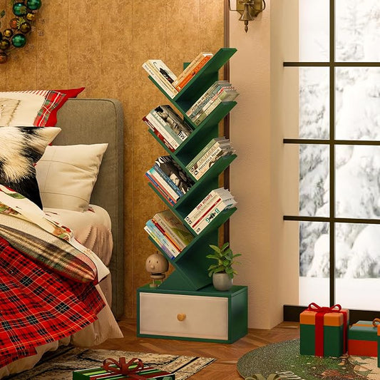 SHEEPAM 8 Tier Tree Bookshelf with Drawer, Free Standing Wood Green Bookcase for Narrow Space, Storage Organizer Bookshelves for Books, Book Case for Home Office, Living Room, Bedroom