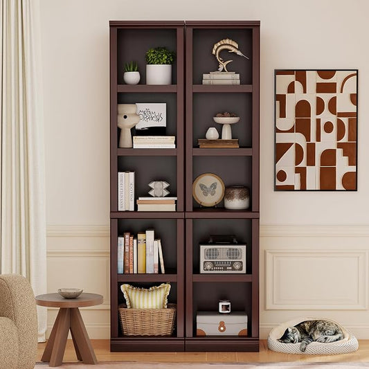 blini Wooden Bookshelf and Bookcase 5 Tier Narrow Bookshelves Set of 2, 72" Tall Bookshelf for Living Room, Home Office, Library (Mahogany, 5-Shelf Narrow)