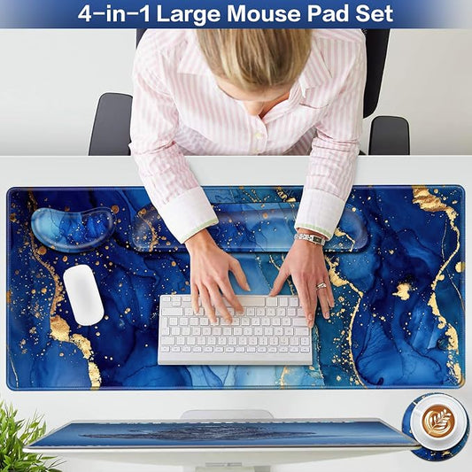 Desk Mat Blue, Large Gaming Mouse Pad with Wrist Rest, 4in1 XXL Mousepad+Keyboard Wrist Rest+Mouse Pad Wrist Support+Cup Coaster Set Ergonomic Computer Desk Arm Wrist for Decor Home Office Women