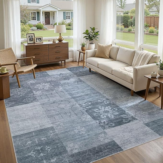 UERMEI 8x10 Area Rug for Living Room - Washable Vintage Carpet, Non-Slip Soft Large Indoor Floor Rugs for Bedroom Home Office & Under Dining Table Decor, Blue Block