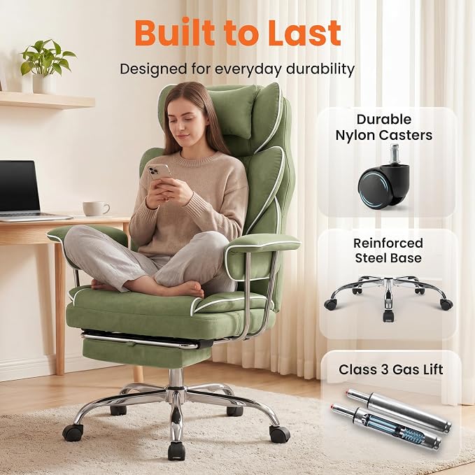 NEO CHAIR Big and Tall Office Chair Gaming Computer Chair High Back Heavy Duty Desk Chai with Lumbar Support Adjustable Recliner Footrest Wide Seat Fabric Executive Home with Wheels (Fabric Green)