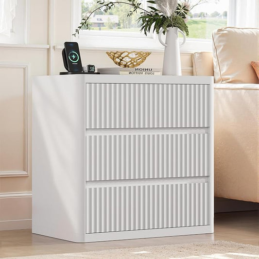 White Nightstand with 3 Drawers, Fluted Nightstand with Large Storage, Modern Handleless Design Bedside Table for Bedroom, End Table for Living Room, Unique Curved Profile Side Table