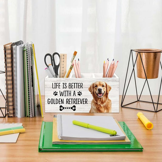 Golden Retriever Gifts Dog Pen Holder for Desk, Gifts for GoldenRetriever Lovers Pencil Organizer, Life is Better with A Golden Retriever Wood Pen Holder Desk Accessories Decor for Home Office