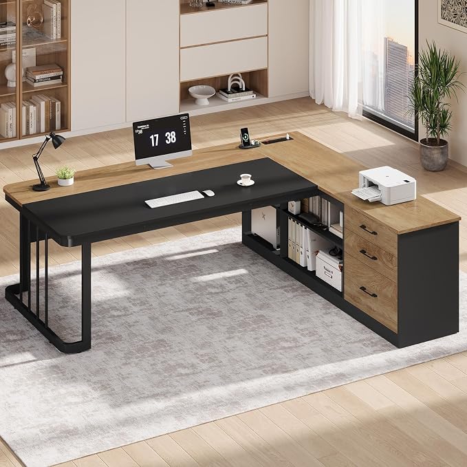 UPOSOJA 71" Executive Desk, Large Office Desk with Drawers & Storage Shelves, Modern L Shaped Computer Desk Corner Desk with Power Outlets, File Cabinet, Business Furniture Desk Workstation (Oak)