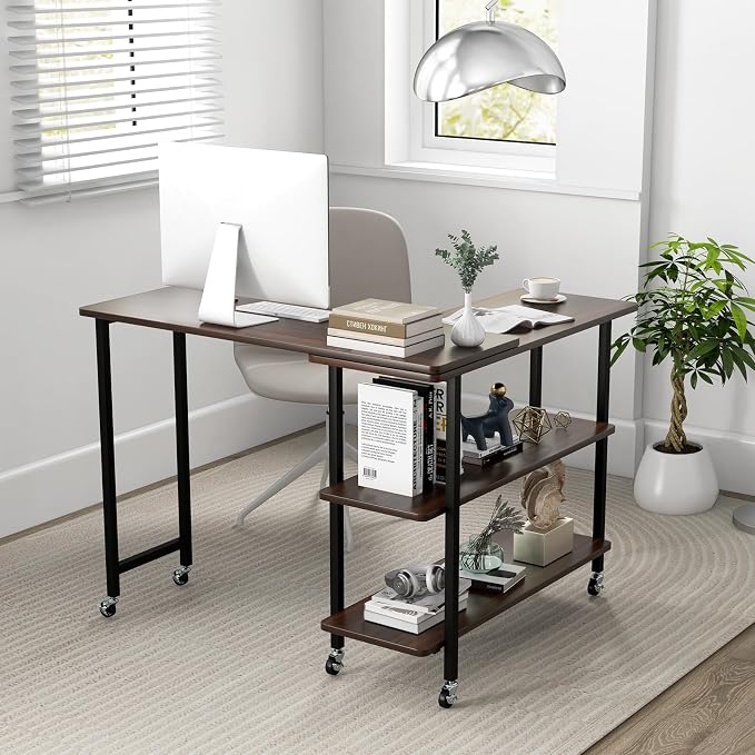 GOFLAME 360° Rotating Sofa Side Table, Mobile Couch Side End Table with 2-Tier Storage Shelves, Swivel Rolling Desk w/Metal Frame, 6 Casters, Movable Laptop Table for Home Office, Patented, Walnut