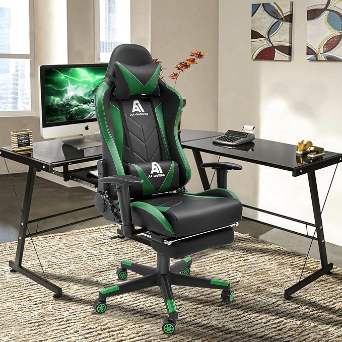 Gaming Chair High Back Ergonomic Computer Racing Chair Adjustable Office Chair with Footrest, Lumbar Support Swivel Chair - Upgraded Version Blackgreen