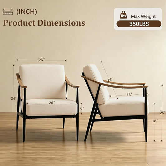 RNKSFX Modern Accent Chairs Set of 2 for Living Room Bedroom Mid Century Arm Chairs Upholstered Office Accent Chairs Comfy Waiting Room Chairs with Metal Frame, Beige