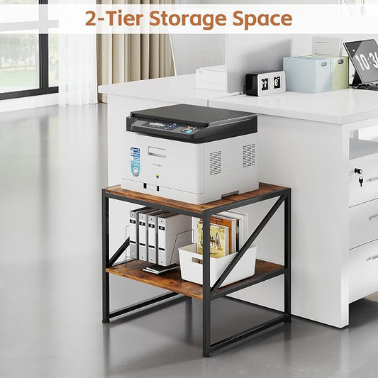 2-Tier Large Priner Stand with Charging Station, 20"×20" Under Desk Printer Table with Power Outlets and USB Ports for Office, Mini Fridge Stand, Storage Shelf for Scanner Fax Machine, Rustic Brown