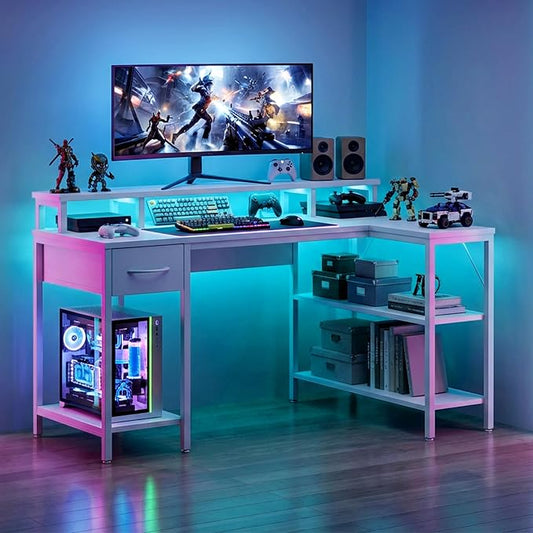 Alpen Computer Desk, L Shaped Desk for Gaming, Home Office Desk with LED Lights, Reversible Corner Desk with Shelves and Drawer, PC Desk for Living Room, Bedroom, 53 Inch, White