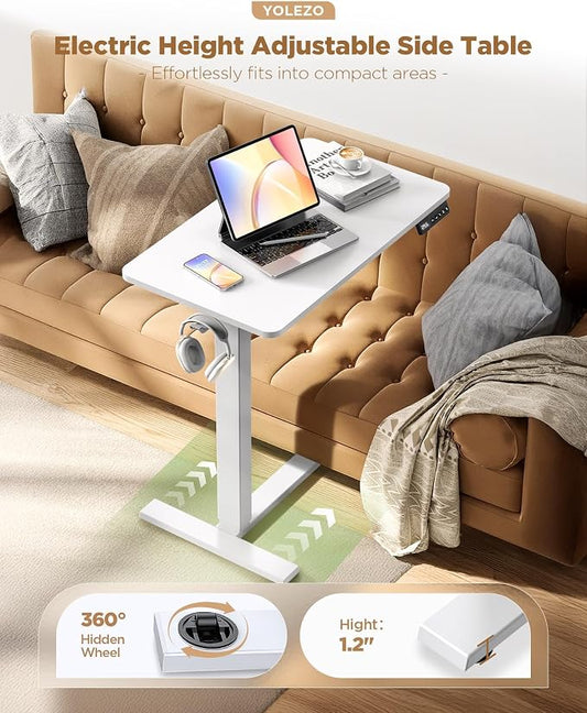 Overbed Bedside Table with Wheels, Electric Standing Desk Adjustable Height, Small Computer Desk for Home Office, Rolling Laptop Desk for Bed, Sofa, or Hospital Use (24"x16",White)