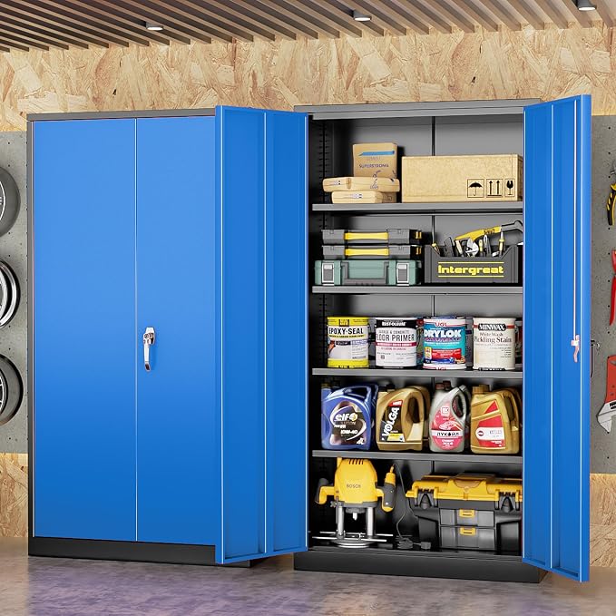 INTERGREAT Metal Storage Cabinet with Lock, 72" H Garage Cabinets with Doors and Adjustable Shelves, Lockable Metal Cabinets for Garage, Home, Office(Black-Blue)