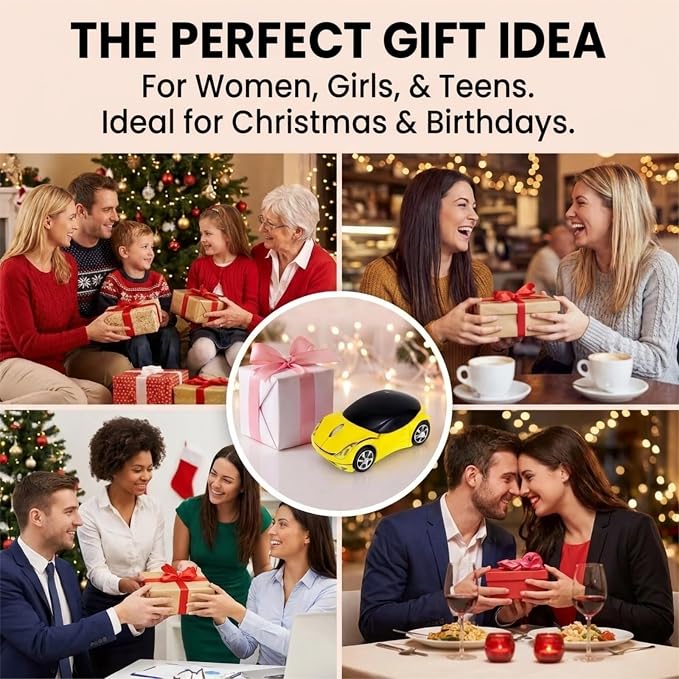 Yellow Wireless Car Mouse, 2.4G with USB Receiver, 1600DPI Optical, Ergonomic Mini Computer Mouse, for Laptop, PC, Tablet, Windows, Mac OS