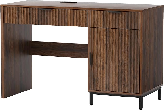 EYYTHUNG 47" Fluted Executive Desk, Modern Wood Home Office Desk with Charging Station, Drawer & Cabinet, Computer Writing Desk for Work Study, Brown