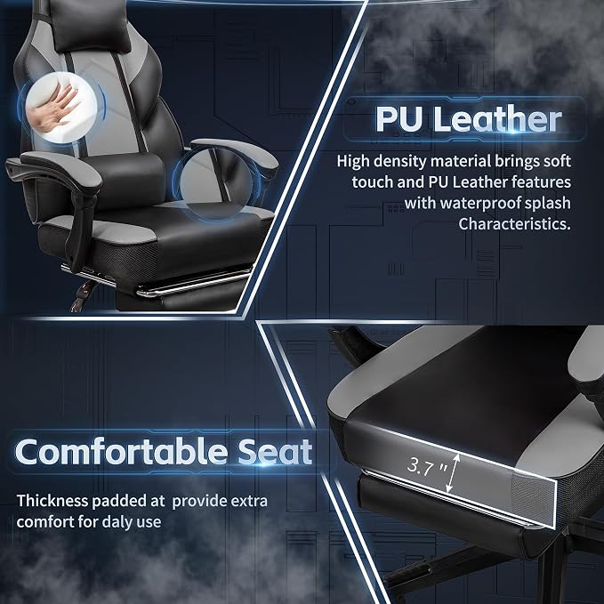DL-win Gaming Chairs for Adults, Computer Chair with Footrest and High Back, Big and Tall Gamer Chair's with Massage Lumbar Support, 360° Swivel Height Adjustable Gaming Chair, Grey