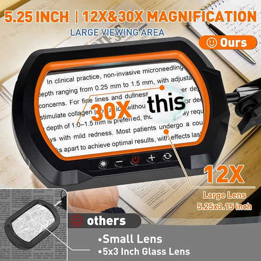 HITTI 30X & 12X Square Magnifying Glass with Light and Clamp,Hands Free, 3-Section Arm, 5 Color Modes, Stepless Dimming, LED Desk Lamp for Soldering, Jewelry Making, Soldering, Crafting-Yellow