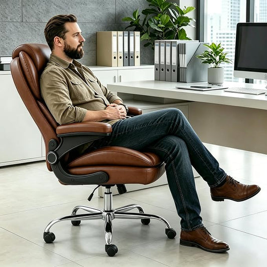 Office Chair, Home Desk Chair, Ergonomic Computer Chair with Lumbar Support, Executive Leather Chair with Flip-Up Armrests, Big and Tall Swivel Rolling Chair, Light Brown