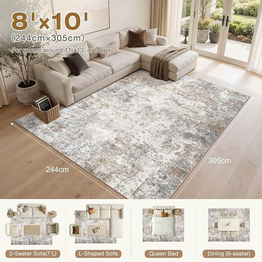 UERMEI 8x10 Area Rug Living Room Rugs - Washable Neutral Modern Abstract Soft Thin Large Rug Indoor Floor Non Slip Rug Carpet for Bedroom Under Dining Table Home Office Decor - Brown Grey