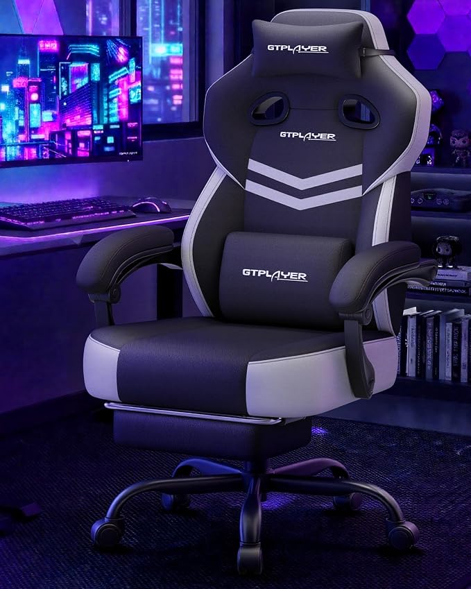 GTPLAYER Big & Tall Gaming Chair, 90°-155° Adjustable Reclining Office Seat with Footrest, Ergonomic Comfy Computer Desk Chair for Adults, Home Office Gaming Study Use, Black & LightGray