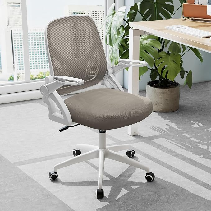Giantex Mesh Office Chair, Ergonomic Desk Chair with Flip-up Arms & Lumbar Support, Height Adjustable Swivel Computer Desk Chair with High Back for Home Office (Khaki)