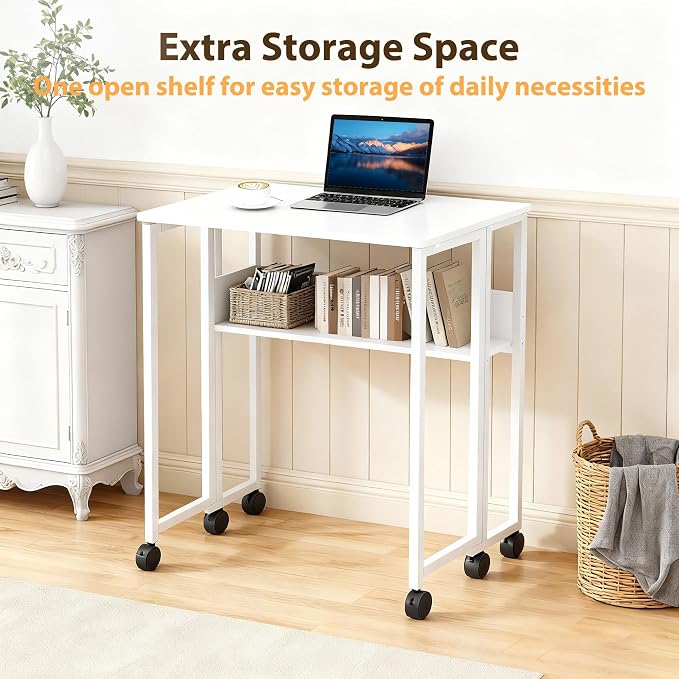 Folding Desk with Storage Shelf, 31.5 Inch Foldable Computer Table with Wheels for Small Spaces,Space Saving Sofa Table for Couch, Rolling Writing Work Office Computer Desk, Easy to Fold,White