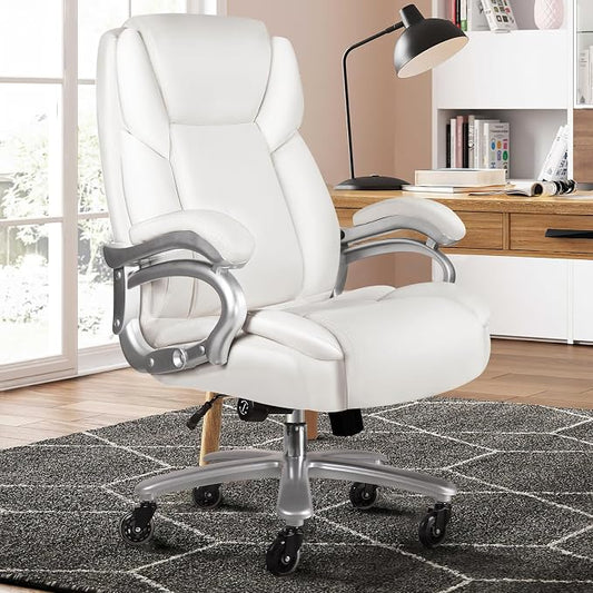 VITESSE 500lbs Heavy Duty Office Chair for Low Back Pain Relief, Big and Tall Office Chair with Ergonomic Lumbar Support, High Back Executive Chair with Quiet Rubber Wheel(White)
