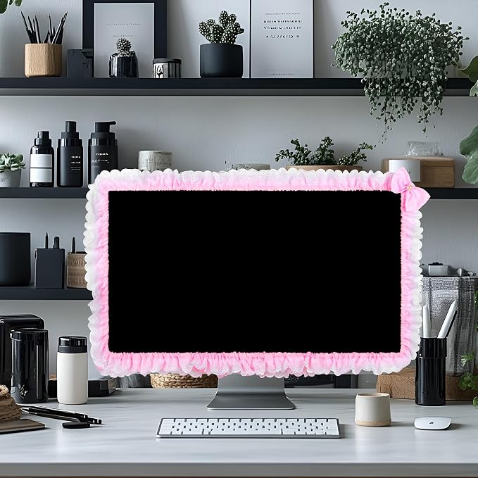 32"-38" Lovely Cute Computer Monitor Cover with Lovely Cute Elastic Pen Pocket Bow-knot TV LCD Screen Monitor Decoration Dust Cover Protector, Lace Fabric- Pink