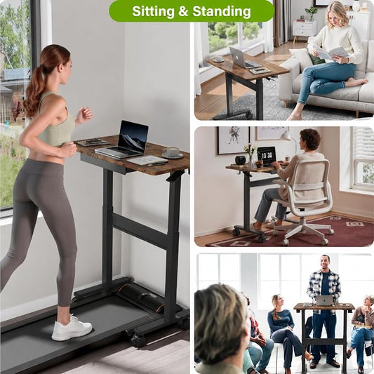 Standing Desk for Walking Pad with Wheels, Pneumatic Cordless Height Adjustable Rolling Desk, Computer Workstation with Drawer Hook Locking Casters for Treadmill Home Office, Dark Wood