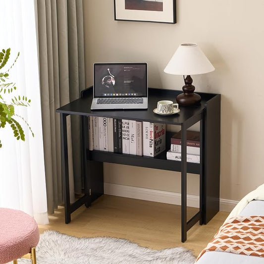 Foldable Desk,Folding Table with Storage Shelf,32.6 Inch Fold Out Computer Desk for Small Spaces,Writing Desk for Bedroom Home Office Dorm and Apartment (Black)