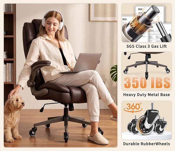 Large High Back Office Chair - Adjustable Lumbar Support Flip Up Arms Heavy Duty Quiet Wheels Metal Base Breathable Bonded Leather Ergonomic Executive Computer Desk Chair with Storage Bags, Brown