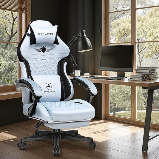 GTPLAYER Gaming Chair with Footrest, Big and Tall Game Chair High Back Computer Office Chair with Lumbar Support for Adults, Ergonomic Swivel Games Chair with Cushion Gaming, Fabric Light Blue