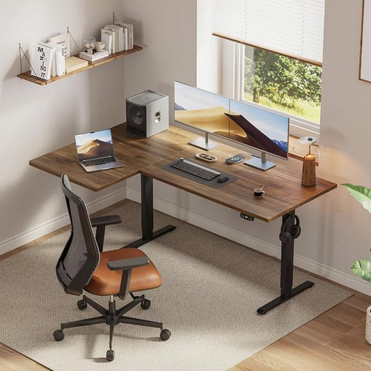 Klicelor L Shaped Standing Desk, 63 Inch Electric Height Adjustable Desk with Memory Preset, Reversible Sit Stand Up Computer Workstation for Home Office, Splice Board, Dark Walnut