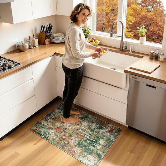RELEANY Washable Area Rugs 2'x3' Non-Slip Modern Abstract Soft for Living Room Entryway Bedroom Kitchen, Print Pattern, Green Orange Rust Red Cream Colorful